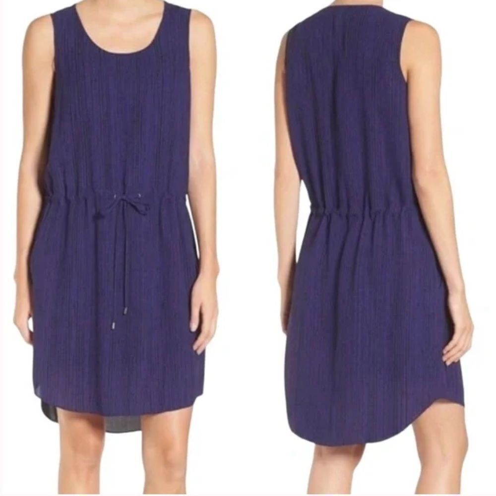 EILEEN FISHER Shima Dark Night 100% Silk Crepe Lined Dress Drawstring Waist